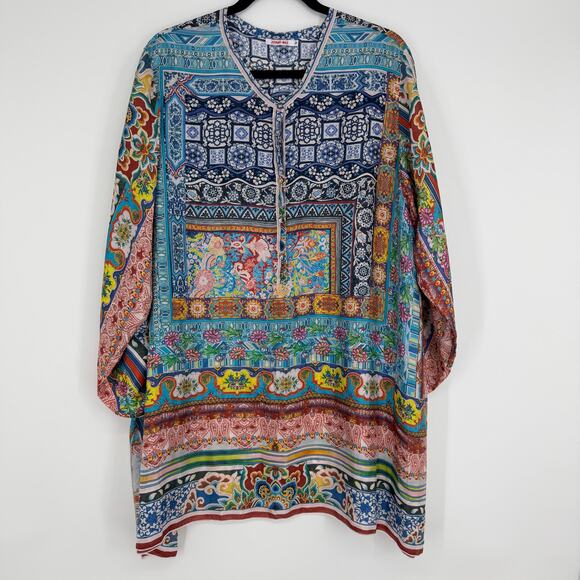 Johnny Was 100% Silk Boho Patchwork Print Roll Tab Sleeves Womens Plus Size 1X - Picture 2 of 9